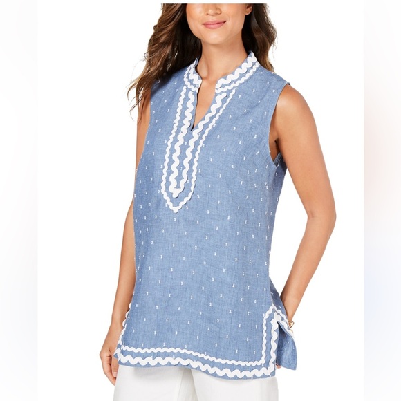CHARTER CLUB Light Blue Linen Sleeveless Tunic Top with White Piping Trim size L - Picture 1 of 8